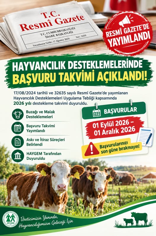 HAYVANCILIK DESTEKLEMELERİNDE BAŞVURU TAKVİMİ AÇIKLANDI